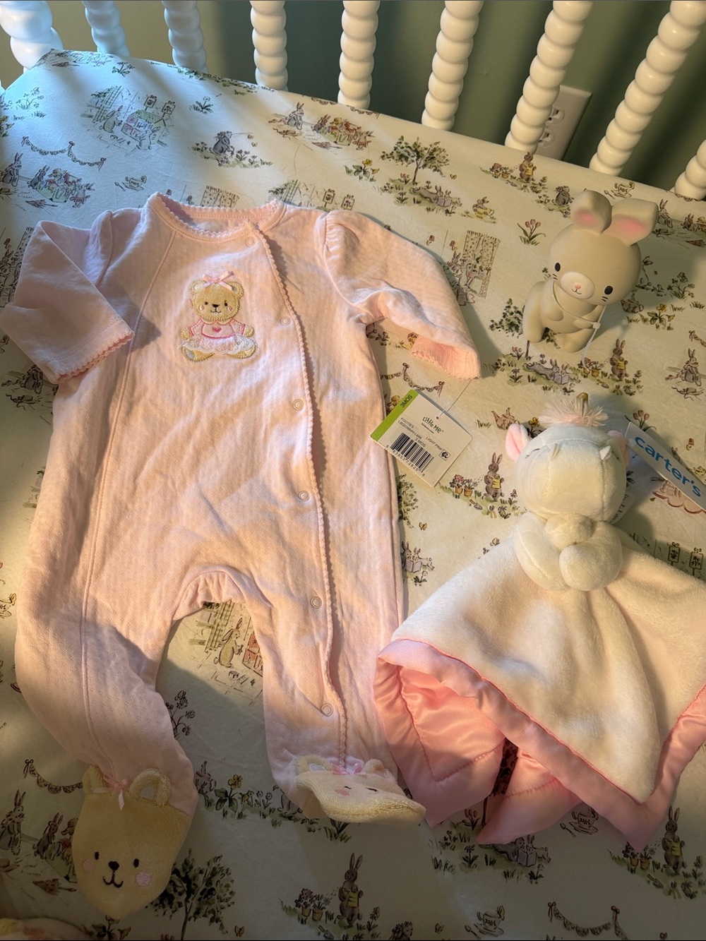 One-Piece Footed Sleeper with Bears, Carter’s unicorn lovey, and squeaky rabbit